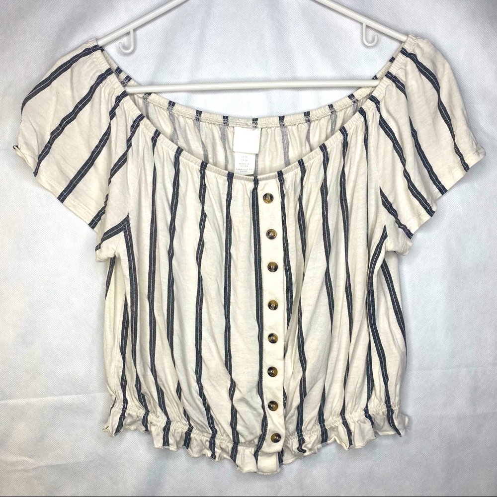 H&M white stripped off shoulder top with buttons